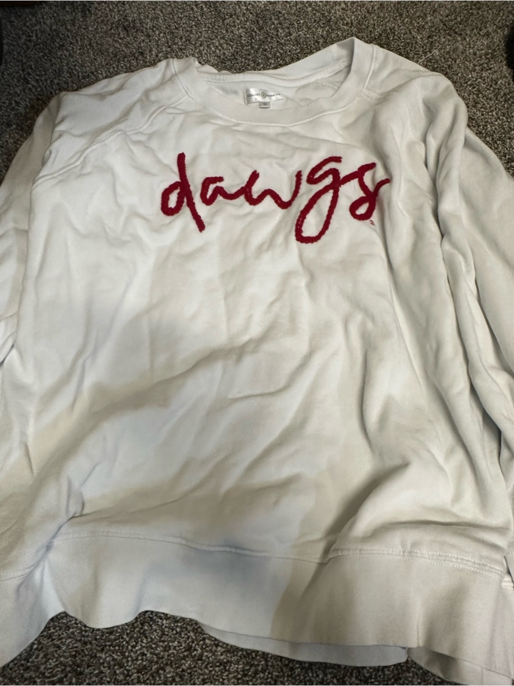 White Crewneck Sweatshirt with Red 'dawgs' Script, not dingy, worn once